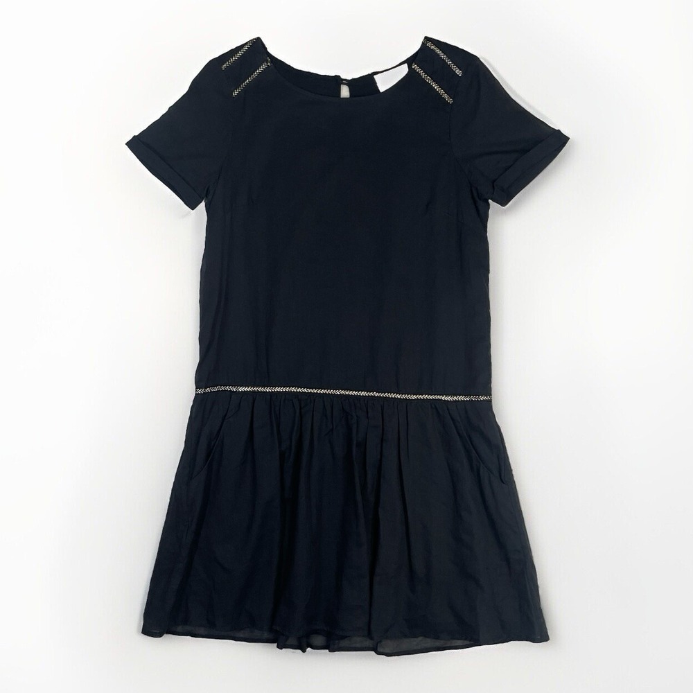 Sézane Black Dress Sheer Short Sleeves Pockets Gold Details Pleated 36/ 4 US*